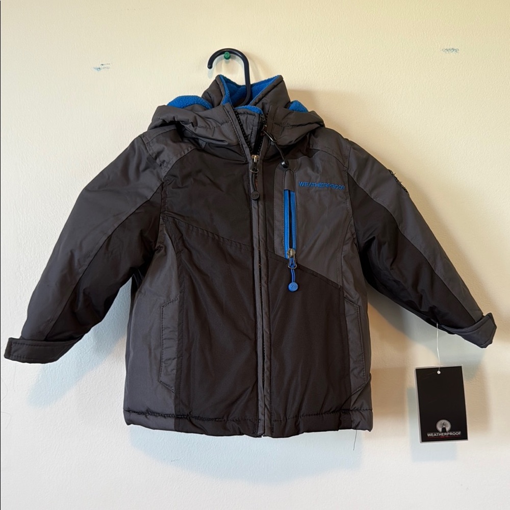 Weatherproof Black and Blue Puffer Jacket with High Collar